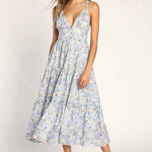 Lulu's Brightly Blossoming Light Blue Floral Tiered Midi Dress